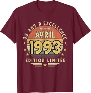 Avril 1993 Cadeau Anniversaire Avril 1993 33 Ans Homme Femme T-Shirt - T-Shirt | Maroon