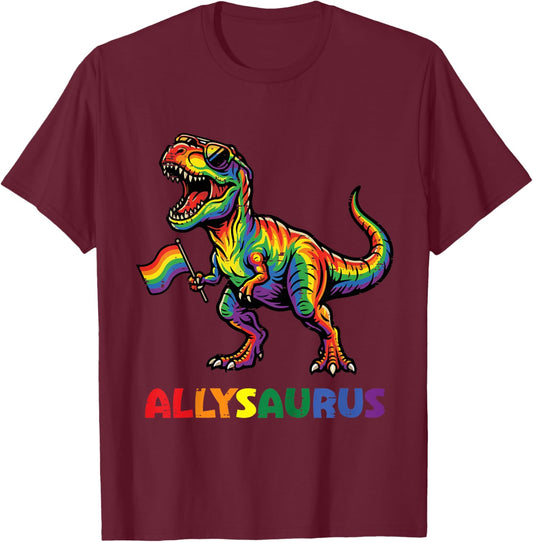 Kids Rainbow Dino Flag Allysaurus LGBTQ Ally Gay Pride Boys Kids T-Shirt - T-Shirt | Maroon