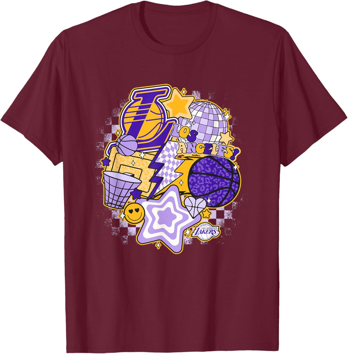 NBA Los Angeles Lakers Psychedelic Basketball Collage , Small, White T-Shirt - T-Shirt | Maroon