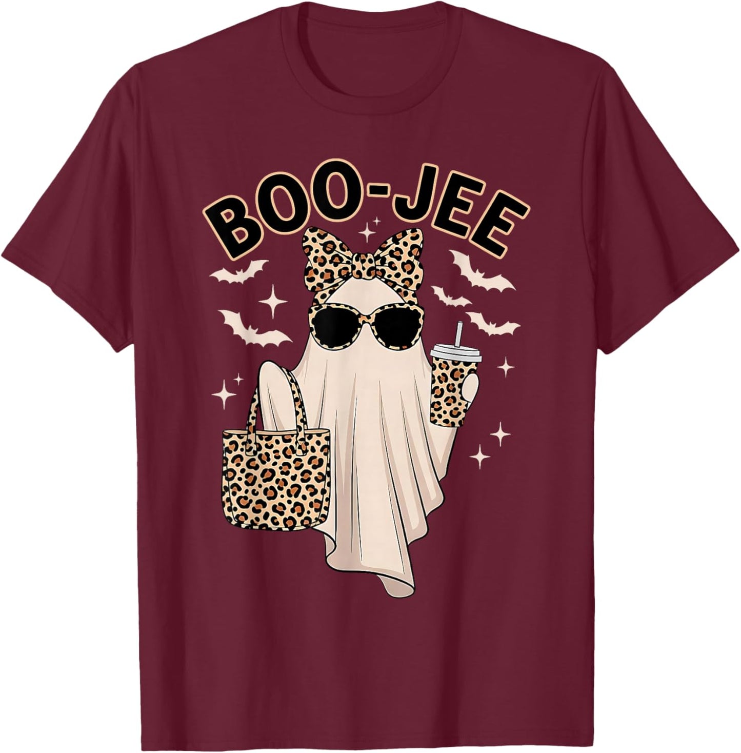 Cute Leopard Boo JEE Ghost Coffee Halloween Costume Women T-Shirt - T-Shirt | Maroon