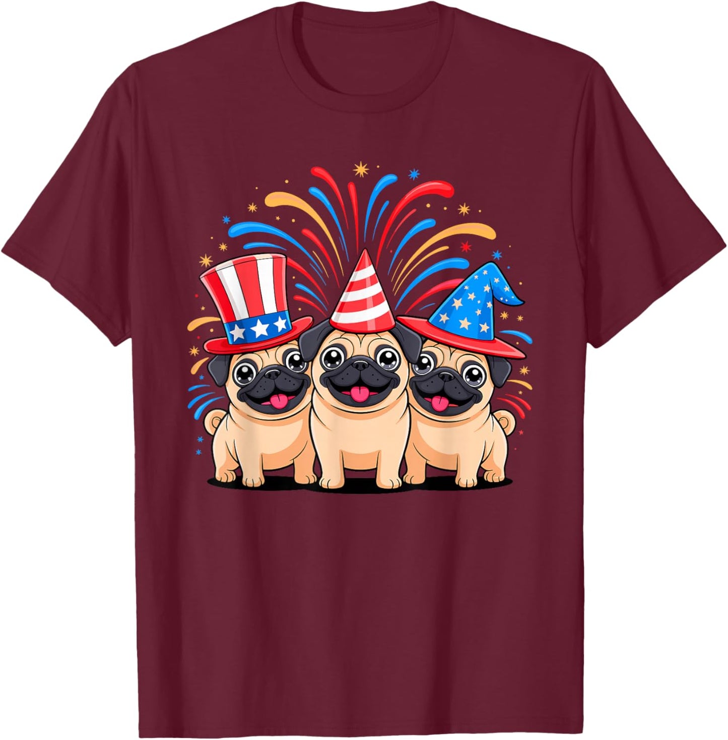 Fourth of July Three Patriotic Pug Puppies T-Shirt - T-Shirt | Maroon