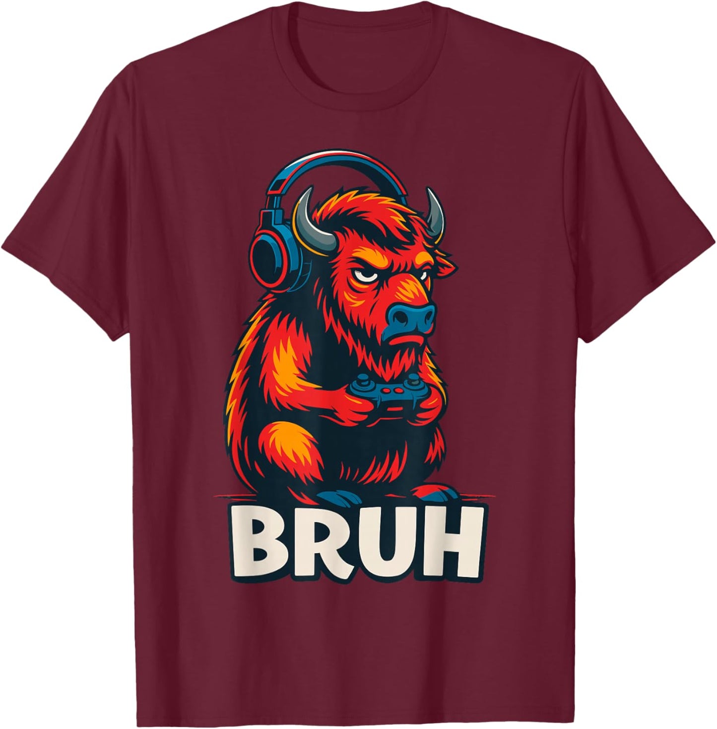 Gamer Bison Bufallo Bruh Gaming T-Shirt - T-Shirt | Maroon