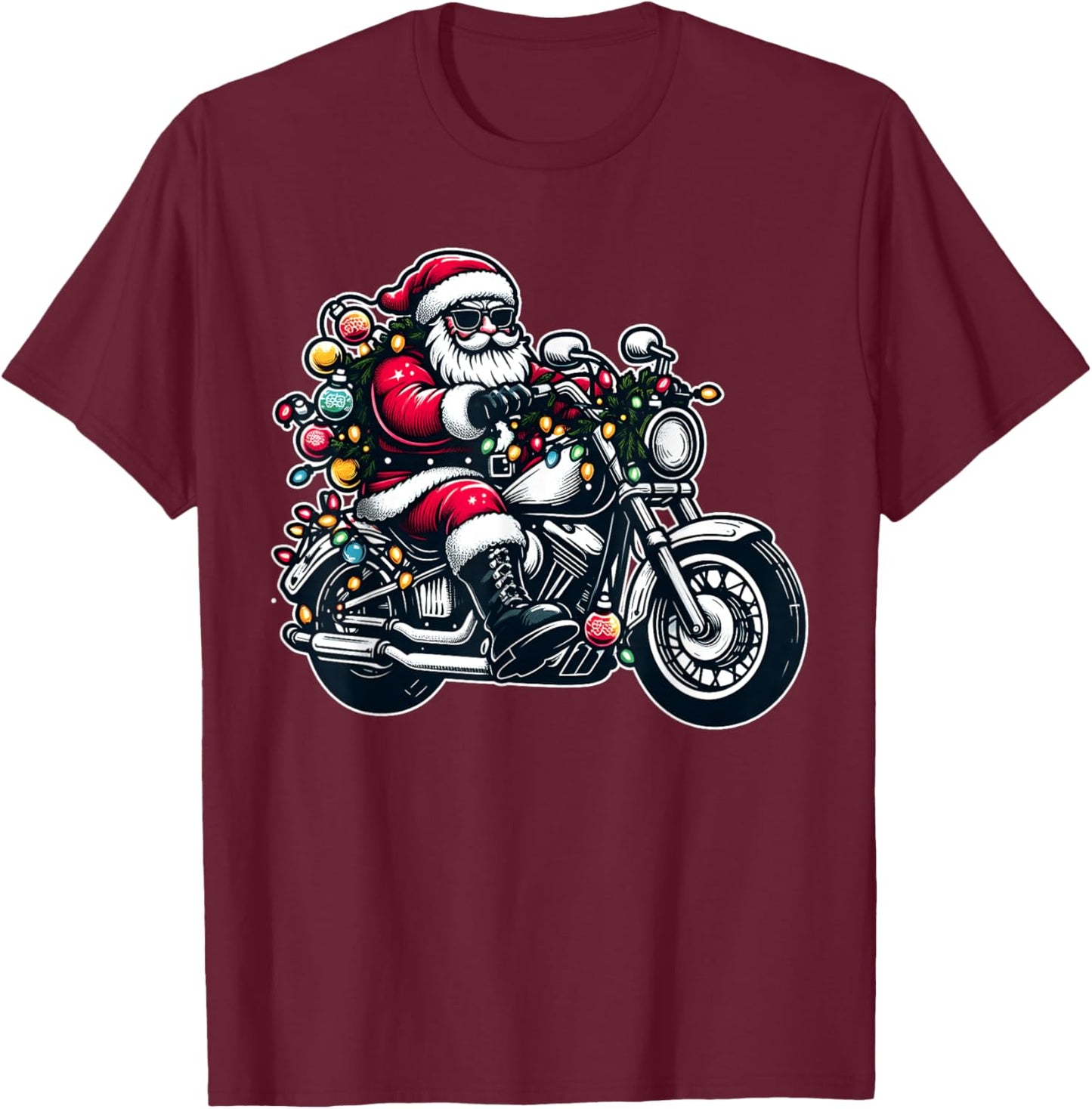 Santa Claus on Motorcycle Funny Biker Christmas Xmas Lights T-Shirt - T-Shirt | Maroon