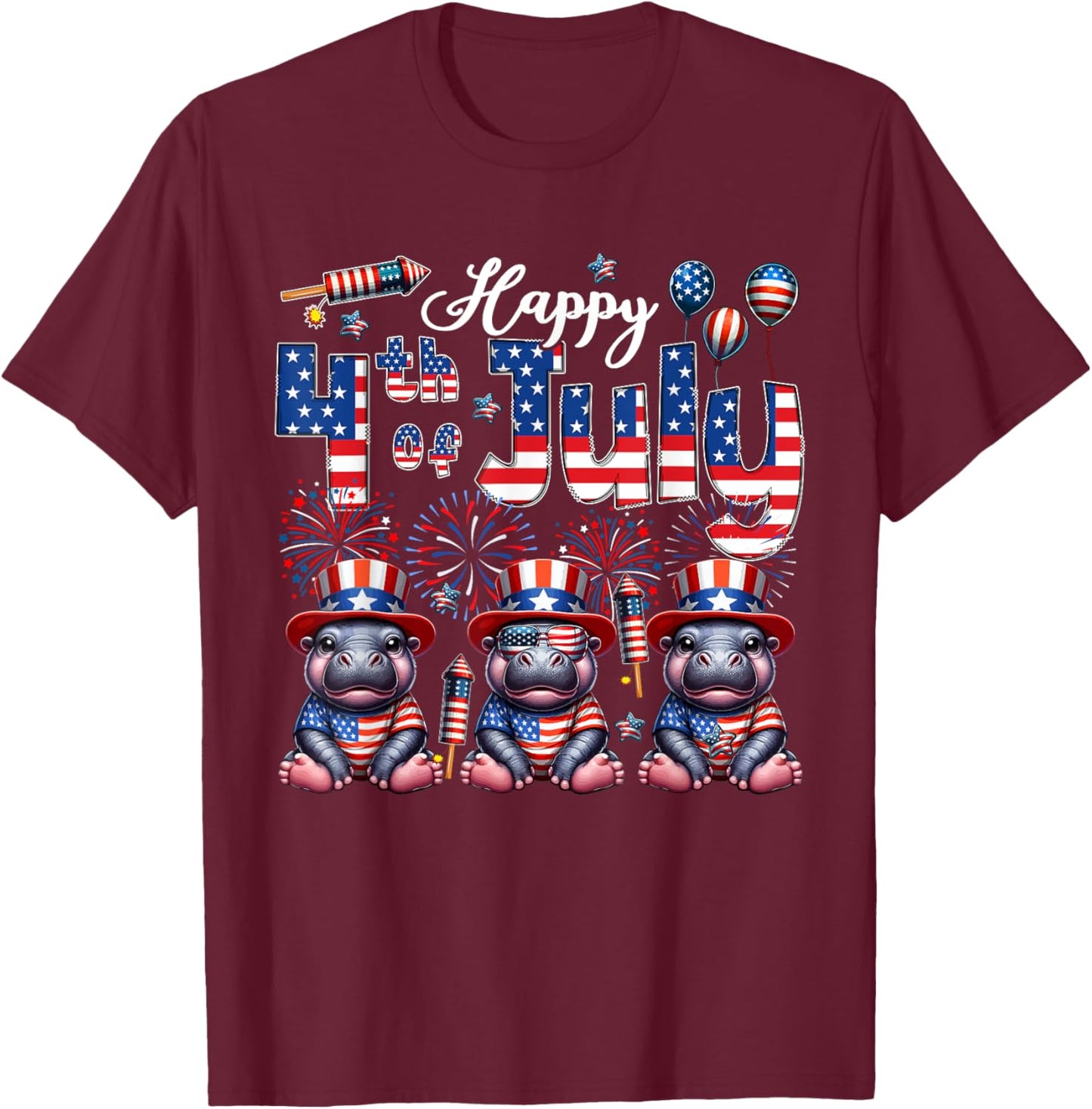 Happy 4th Of July Three Cute Hippos Sunglasses Flag Proud T-Shirt - T-Shirt | Maroon