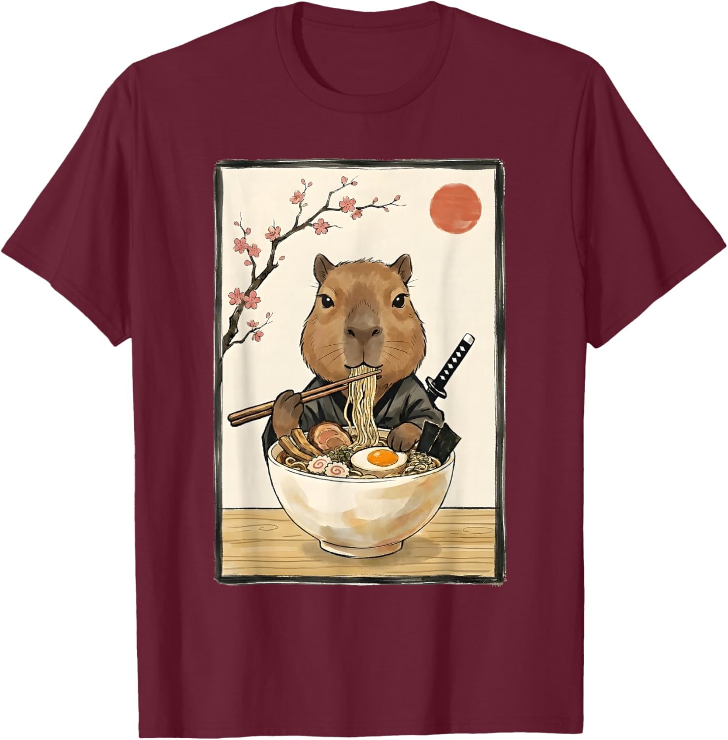 Japanese Art Kawaii Ramen Anime Novelty Funny Capybara T-Shirt - T-Shirt | Maroon