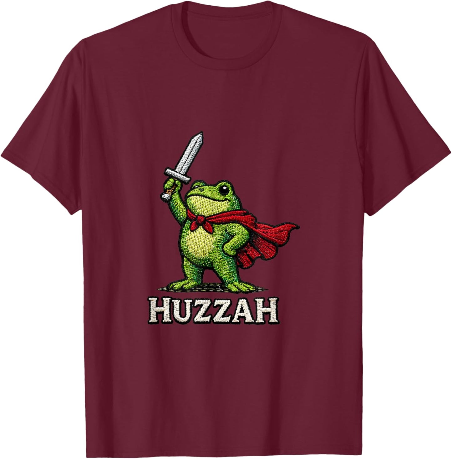 Huzzah Frog with Sword Fantasy Medieval RPG Gamer Funny T-Shirt - T-Shirt | Maroon