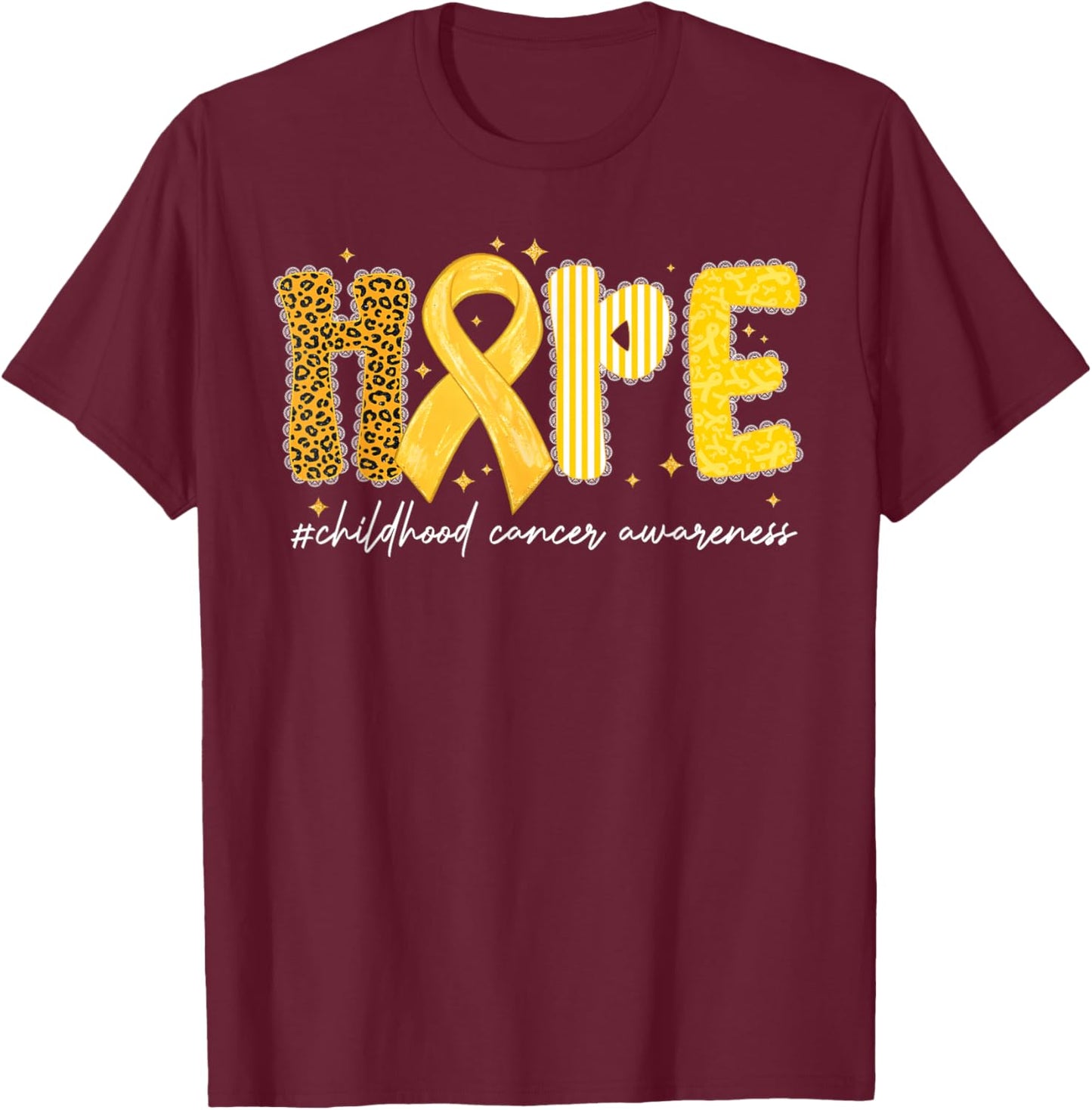 Leopard Hope Gold Ribbon Childhood Cancer Awareness T-Shirt - T-Shirt | Maroon