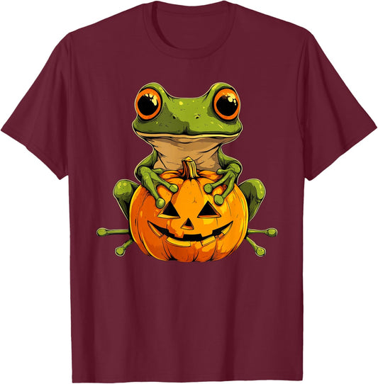 Cute Frog Jack O Lantern Pumpkin Halloween T-Shirt - T-Shirt | Maroon