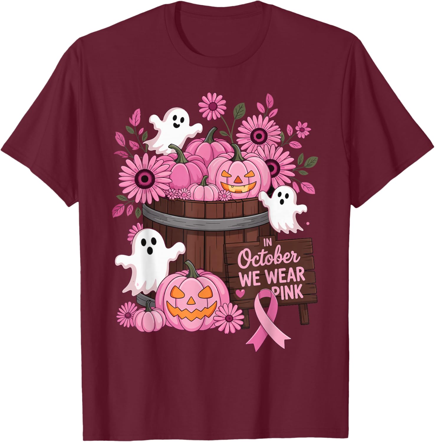 in October We Wear Pink Pumpkin Ghost Breast Cancer Survivor T-Shirt - T-Shirt | Maroon