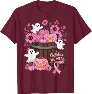 in October We Wear Pink Pumpkin Ghost Breast Cancer Survivor T-Shirt - T-Shirt | Maroon