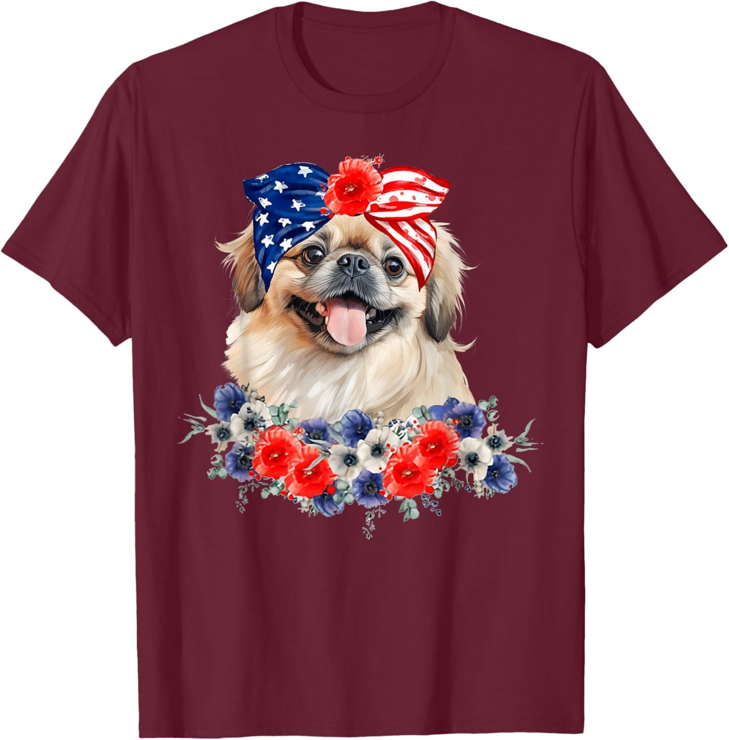 Pekingese Dog Bandana American Flag 4th Of July Women Kids Men T-Shirt - T-Shirt | Maroon