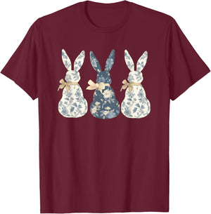 Floral Blue Bunny Cute Happy Easter Day Coquette Bow Flower T-Shirt - T-Shirt | Maroon