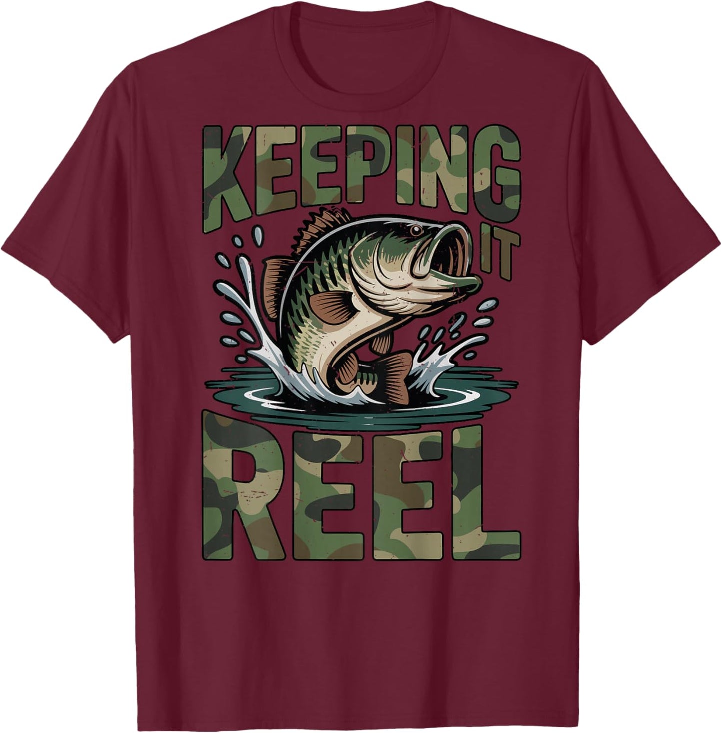 Fishing Camo Bass Fish Keeping Reel Boy Youth Men Camouflage T-Shirt - T-Shirt | Maroon