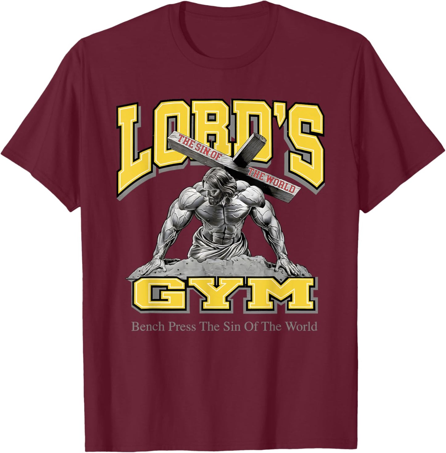 Lords Gym Jesus Vintage 90s Bench Press The Sin Of The World T-Shirt - T-Shirt | Maroon