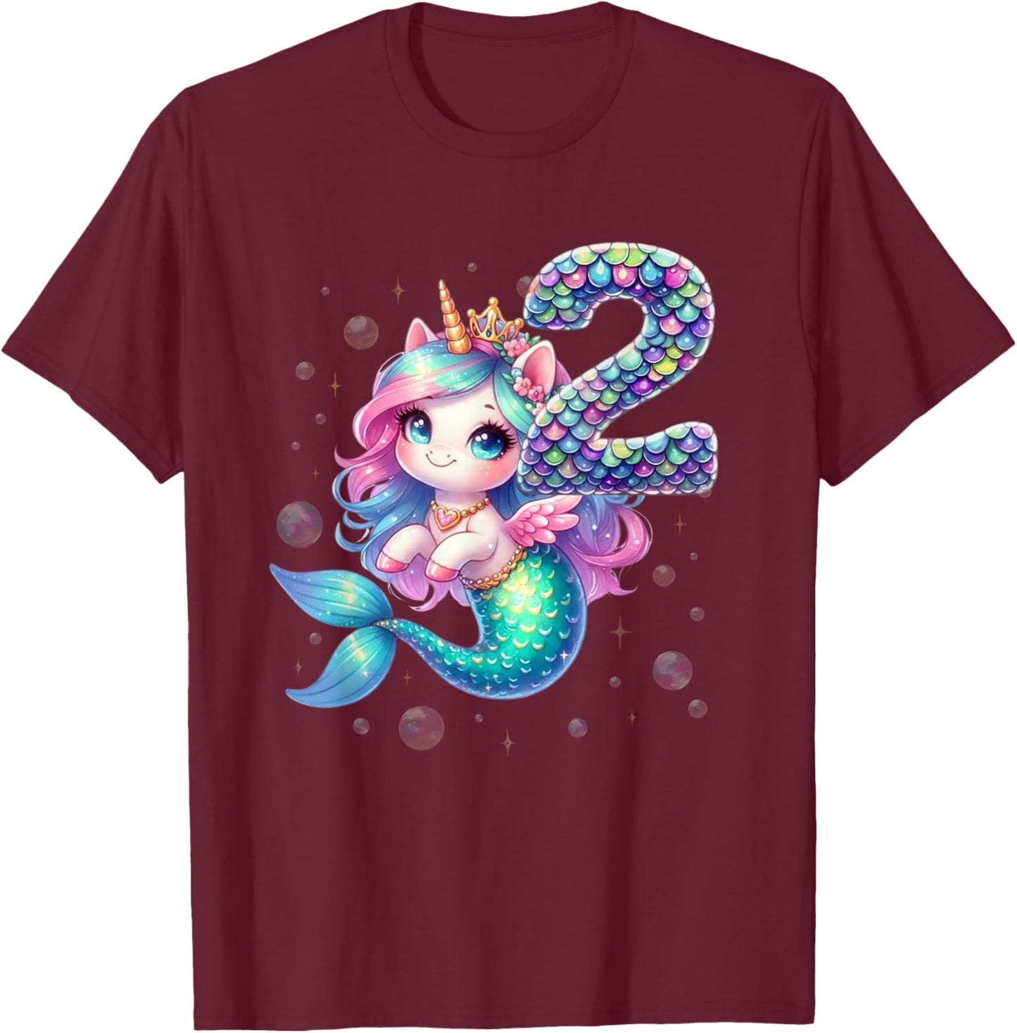 Unicorn Mermaid 2nd Birthday 2 Year Old Party Girls Outfit T-Shirt - T-Shirt | Maroon