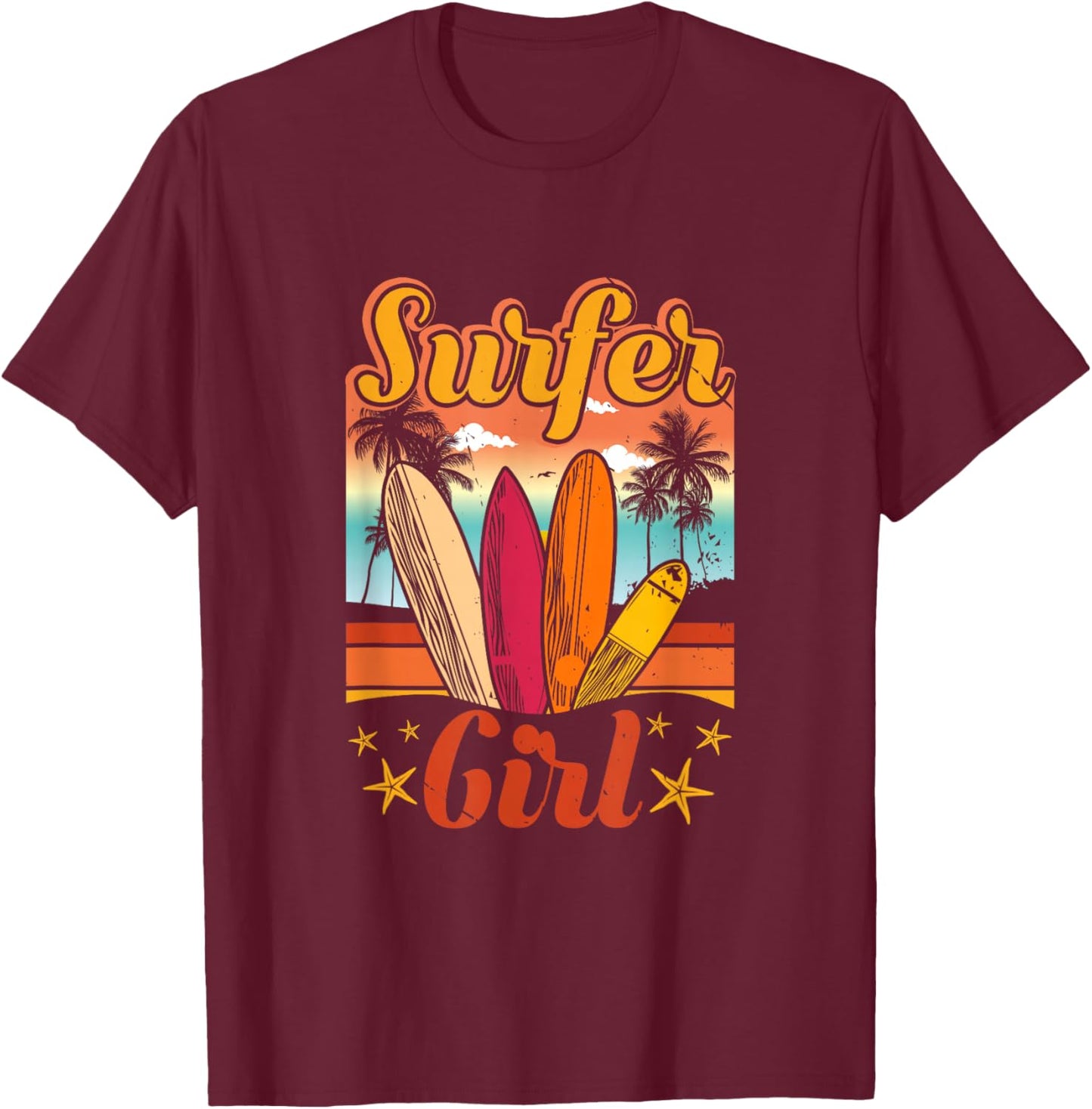 Surfer Girl Beach Retro 70s Vintage Surfing Vacation Summer T-Shirt - T-Shirt | Maroon