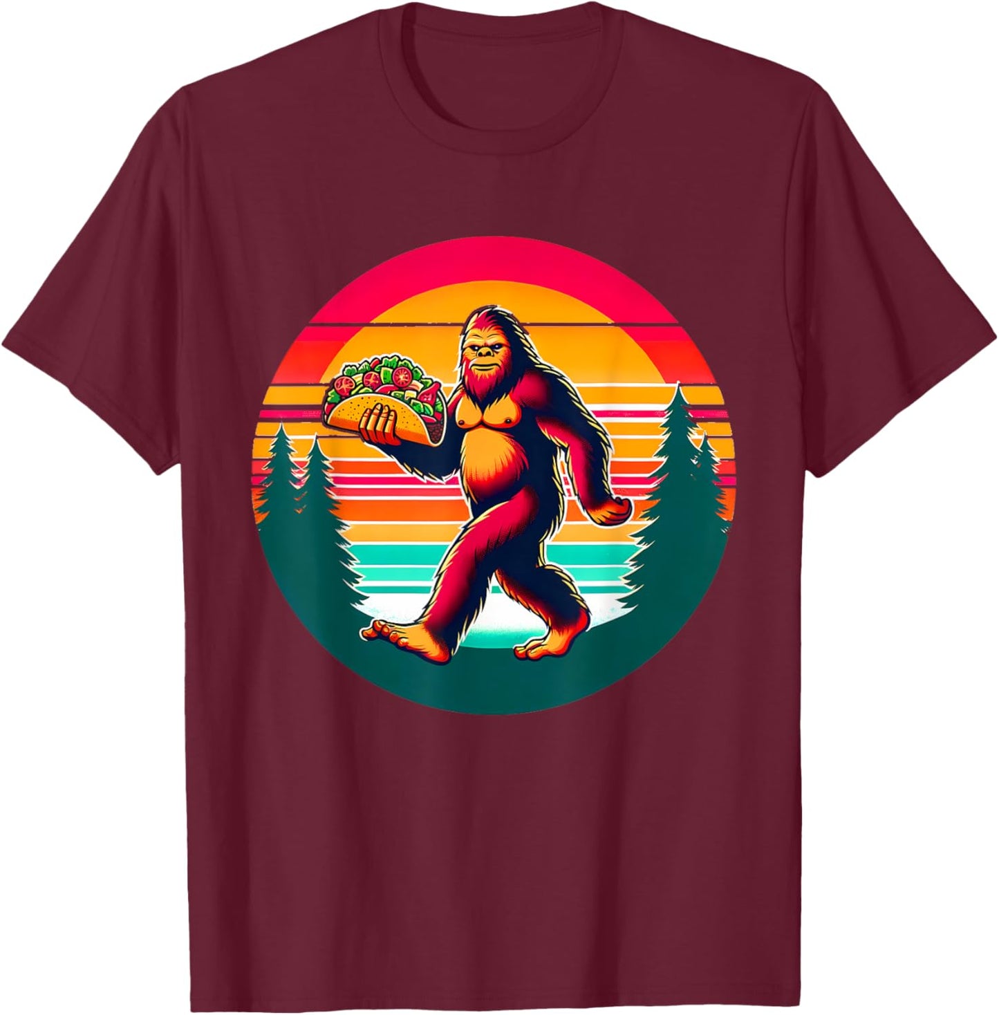 Funny Vintage Big Foot aka Sasquatch Holding a Taco T-Shirt - T-Shirt | Maroon