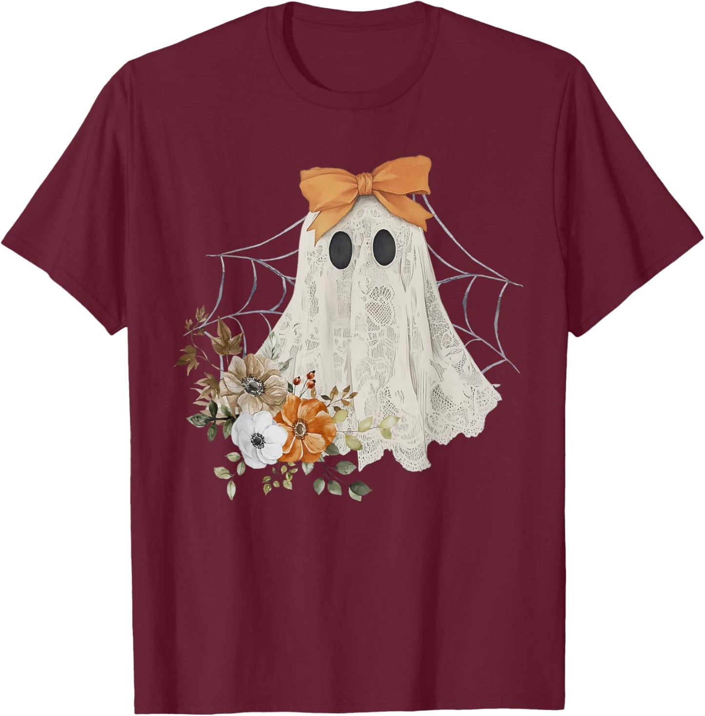 Coquette Ghost Halloween Flower Ghost Spooky Lace Ghost T-Shirt - T-Shirt | Maroon