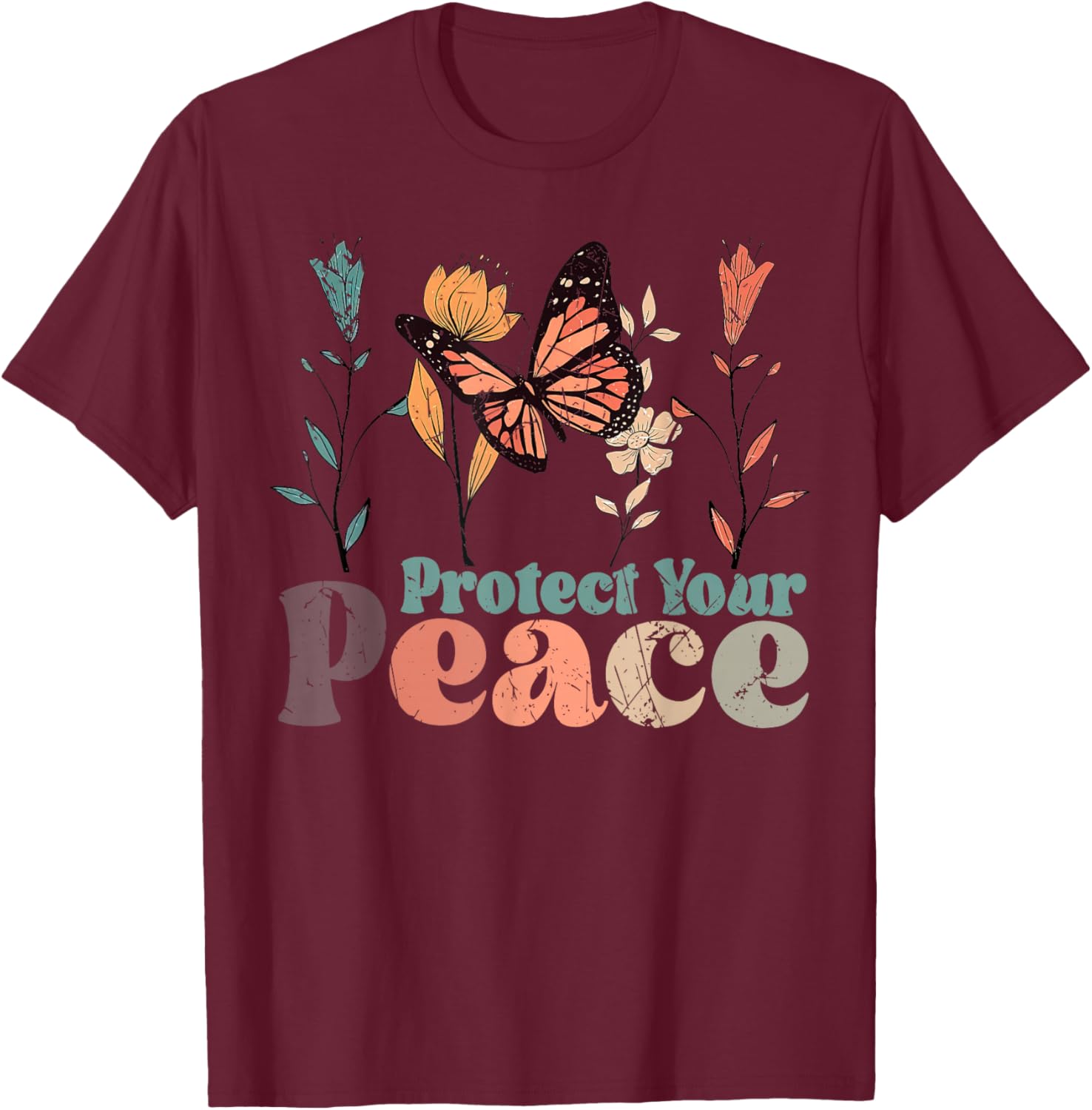 Vintage Flower Protect Your Peace Mental Health Awareness T-Shirt - T-Shirt | Maroon