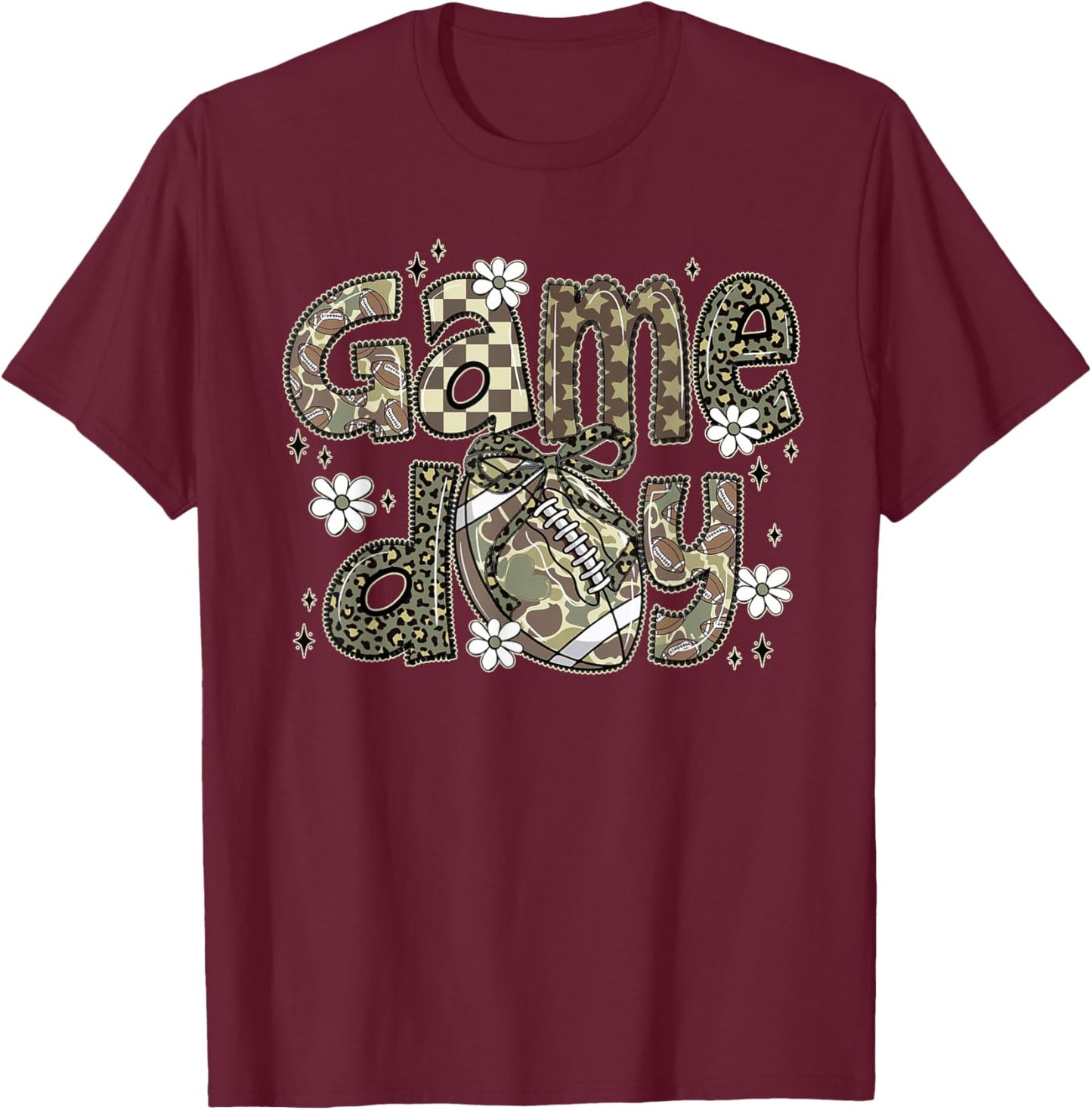 Camo Coquette Bow Football Season Camo Game Day Fall Autumn T-Shirt - T-Shirt | Maroon
