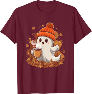 Cute Halloween Ghost Drinking Coffee Ghost Women T-Shirt - T-Shirt | Maroon