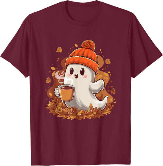 Cute Halloween Ghost Drinking Coffee Ghost Women T-Shirt - T-Shirt | Maroon