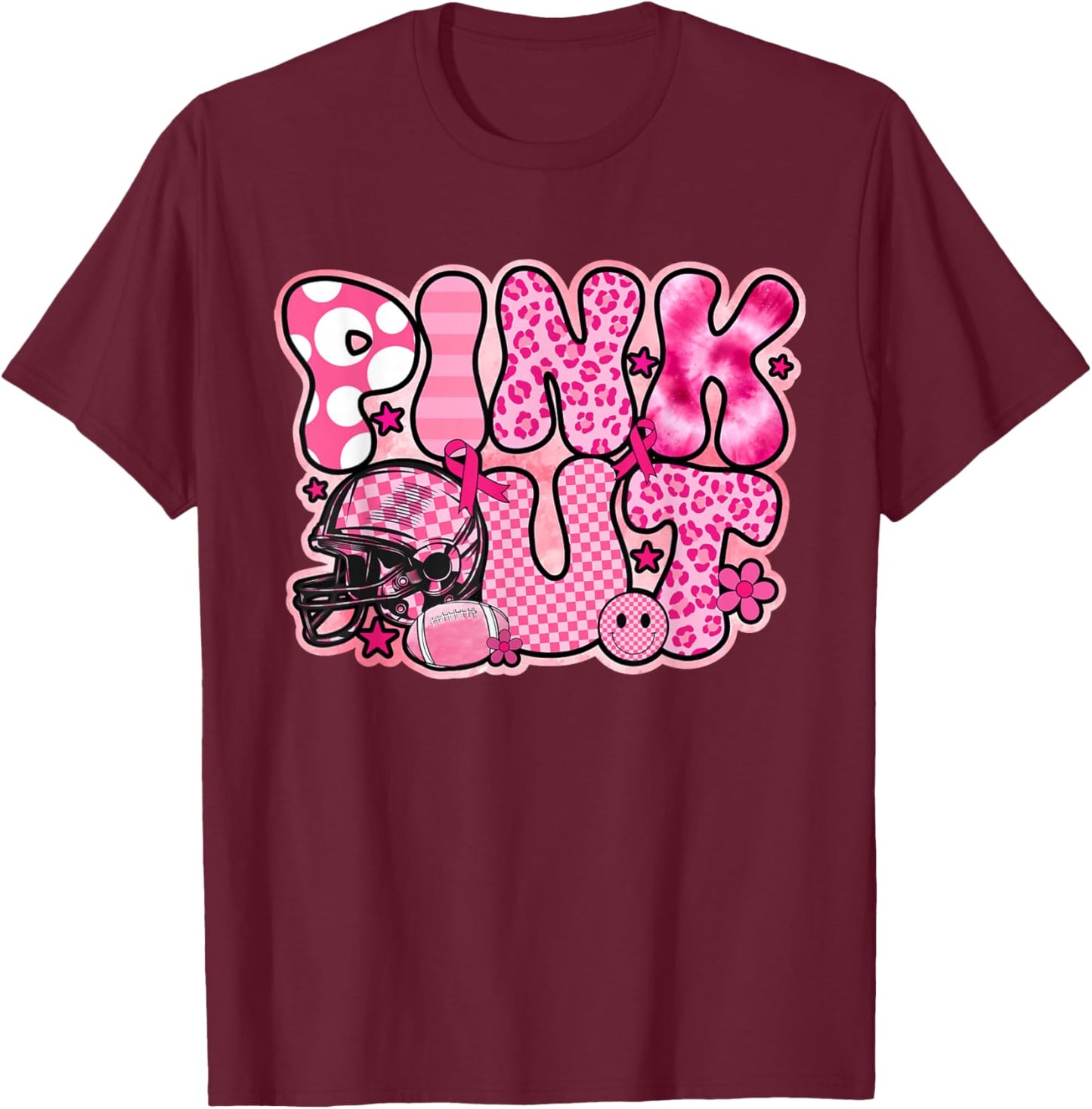 Retro Groovy Pink Out Football Breast Cancer Awareness T-Shirt - T-Shirt | Maroon