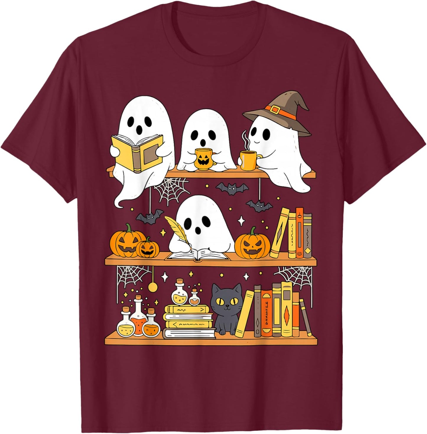 Cute Halloween Ghost Bookshelf Cat Book Lover T-Shirt - T-Shirt | Maroon