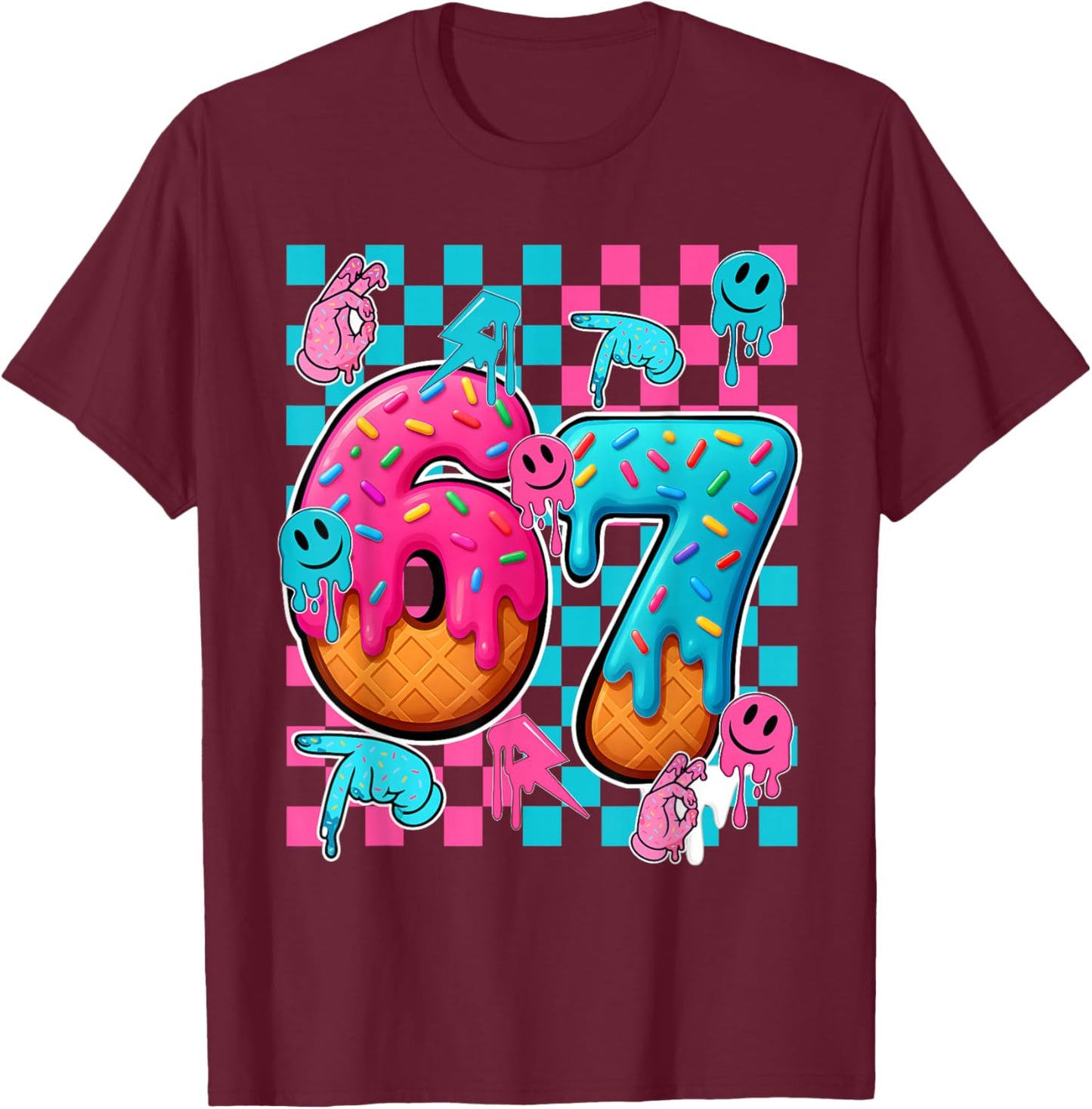 67 Ice Cream Drip Checkered Number 67 Player 67th Birthday T-Shirt - T-Shirt | Maroon