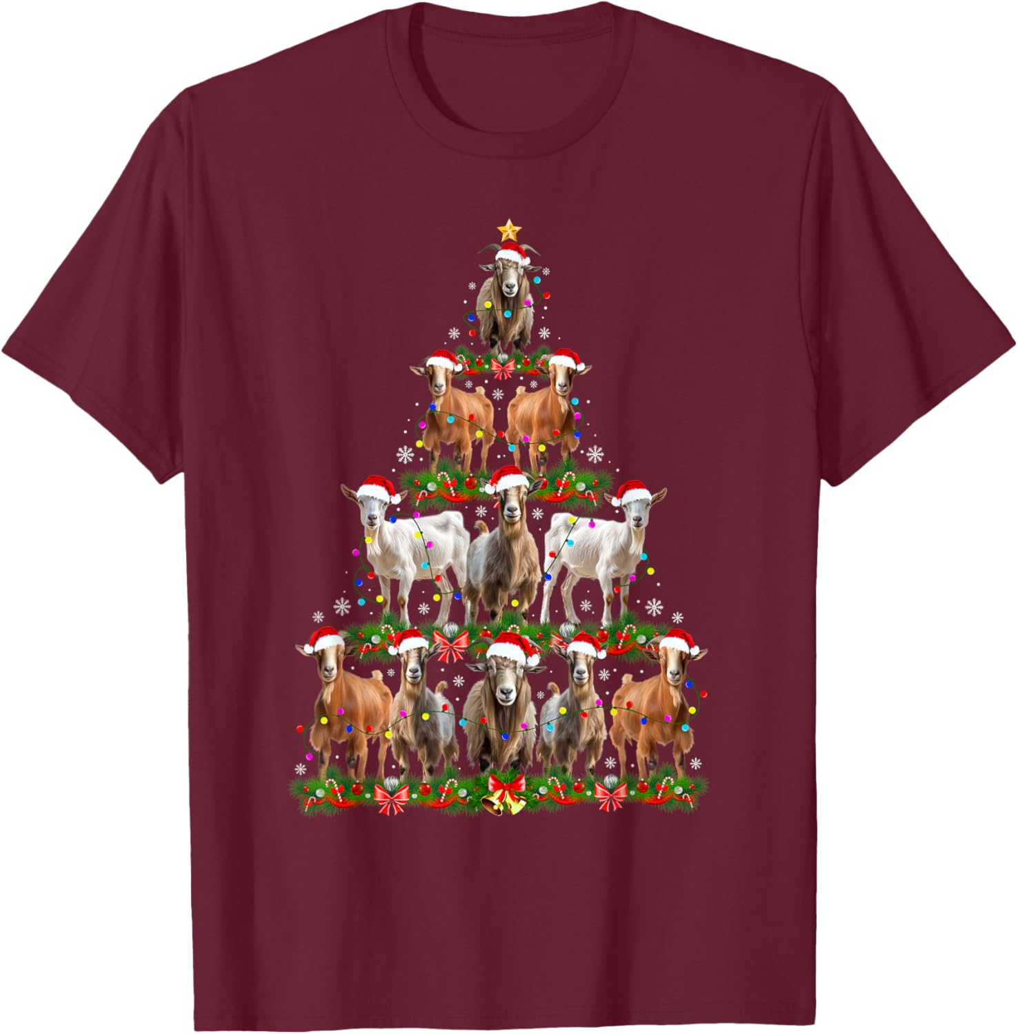 Goat Christmas Tree Lights Funny Xmas Family Men Women T-Shirt - T-Shirt | Maroon