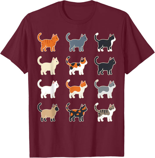 Cute Cat Illustration Grid Pattern T-Shirt - T-Shirt | Maroon