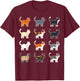 Cute Cat Illustration Grid Pattern T-Shirt - T-Shirt | Maroon