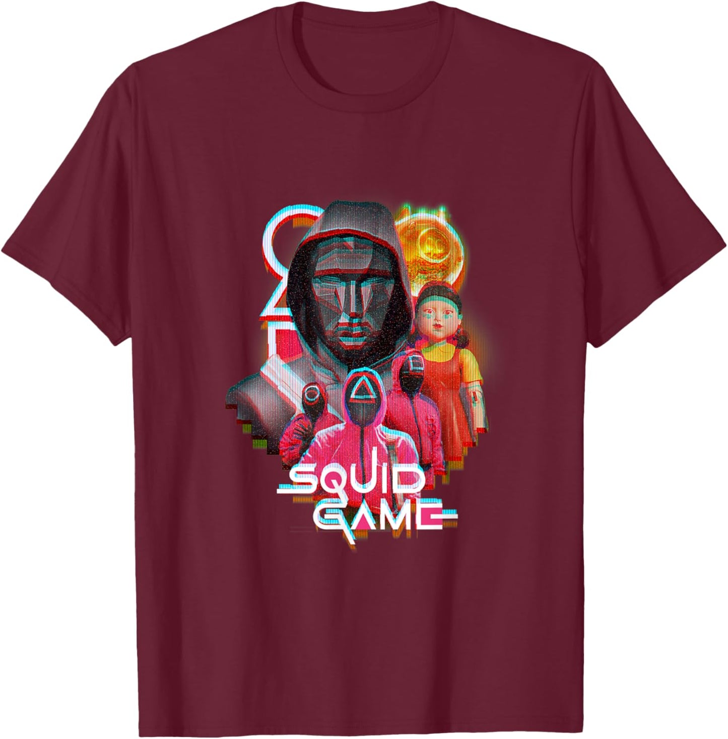 Squid Game 2 Front Man & Henchmen Glitch Logo T-Shirt - T-Shirt | Maroon