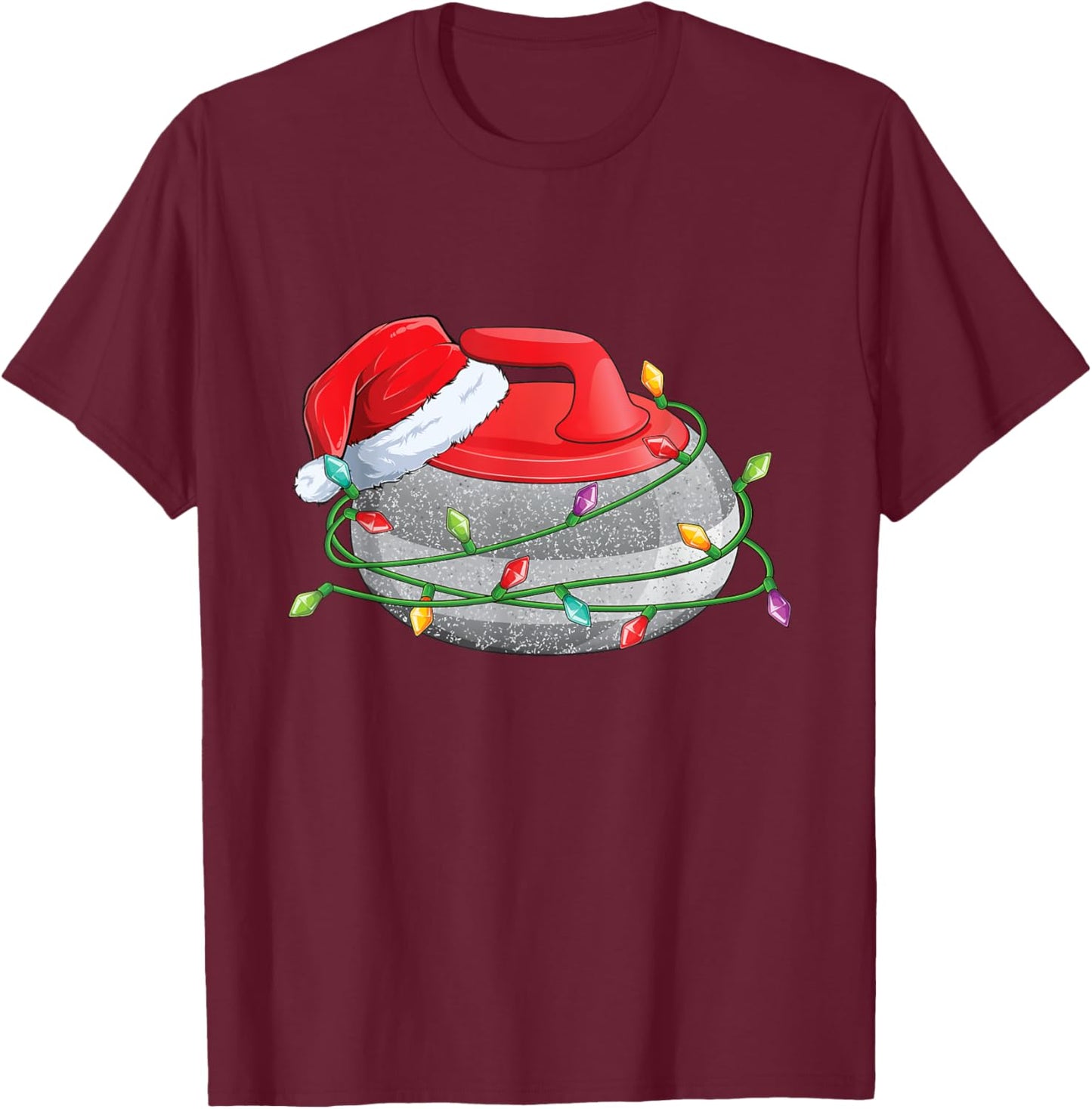 Christmas Curling Stone, Santa Hat wrapped in Holiday Lights T-Shirt - T-Shirt | Maroon