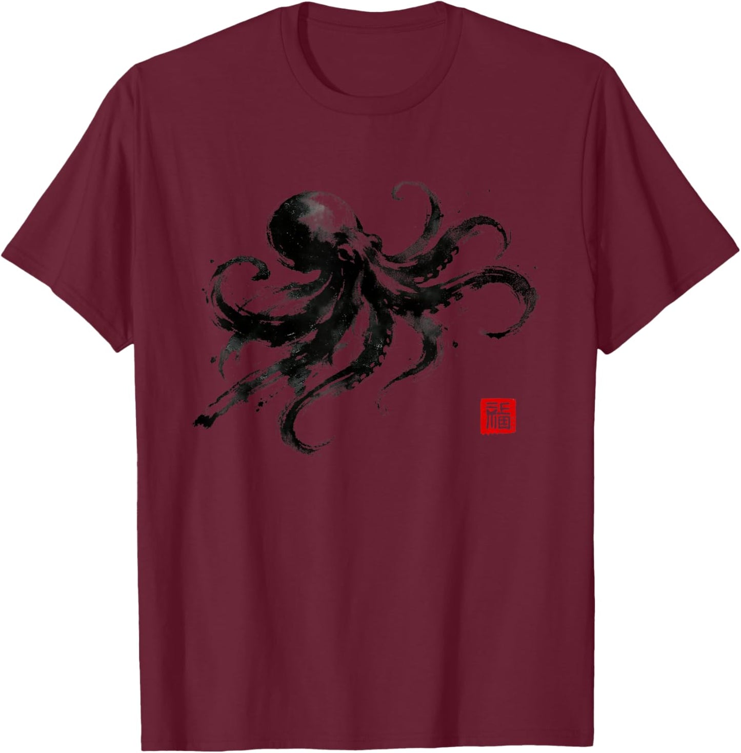 Japanese Octopus Sumi-e Ink Art Graphic Kraken T-Shirt - T-Shirt | Maroon