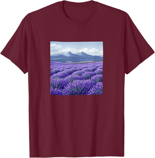 Lavender Fields In Bloom Vintage Landscape Graphic T-Shirt - T-Shirt | Maroon