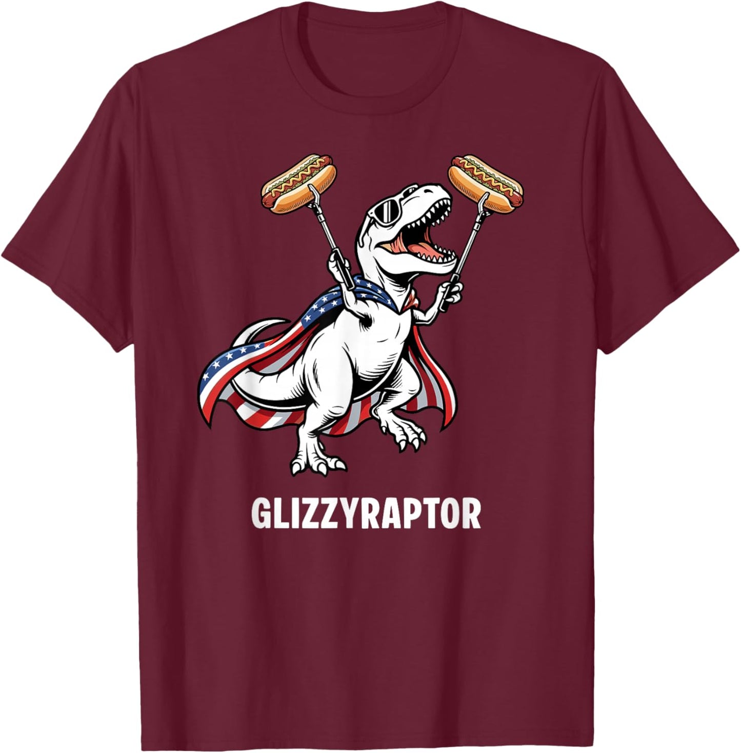 Funny T-Rex Glizzyraptor Glizzy T-Rex Patriotic USA Hot Dog T-Shirt - T-Shirt | Maroon