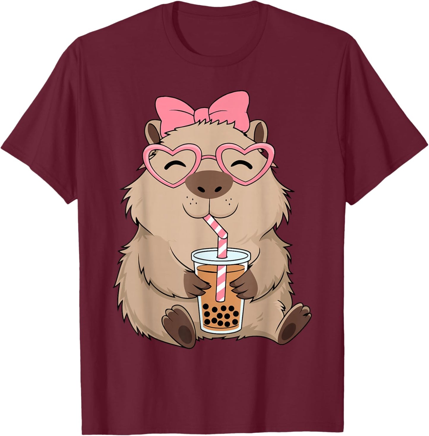 Funny Capybara Coquette Bow Tea Bubble Rodent Animal Costume T-Shirt - T-Shirt | Maroon