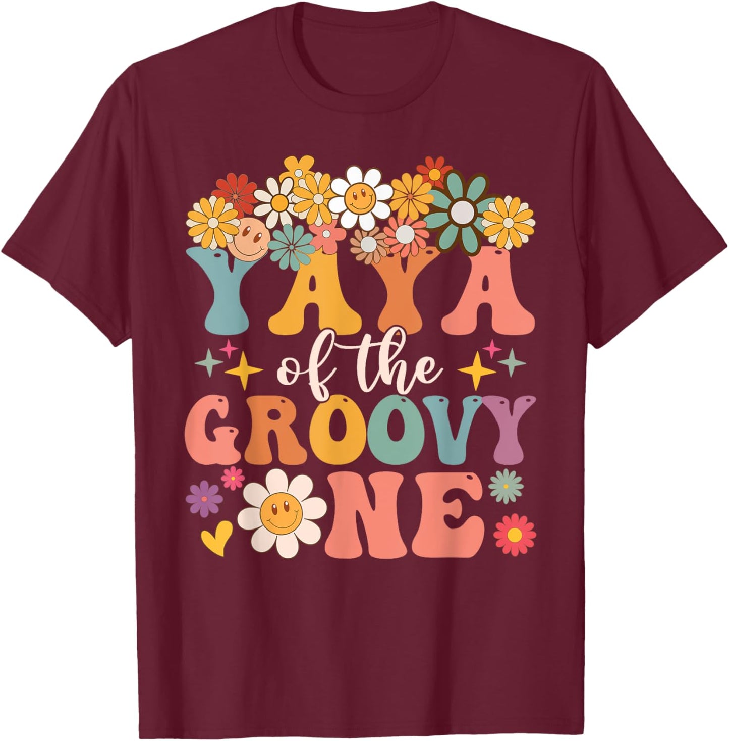 Retro Yaya of Groovy One Matching Family 1st Birthday Party T-Shirt - T-Shirt | Maroon