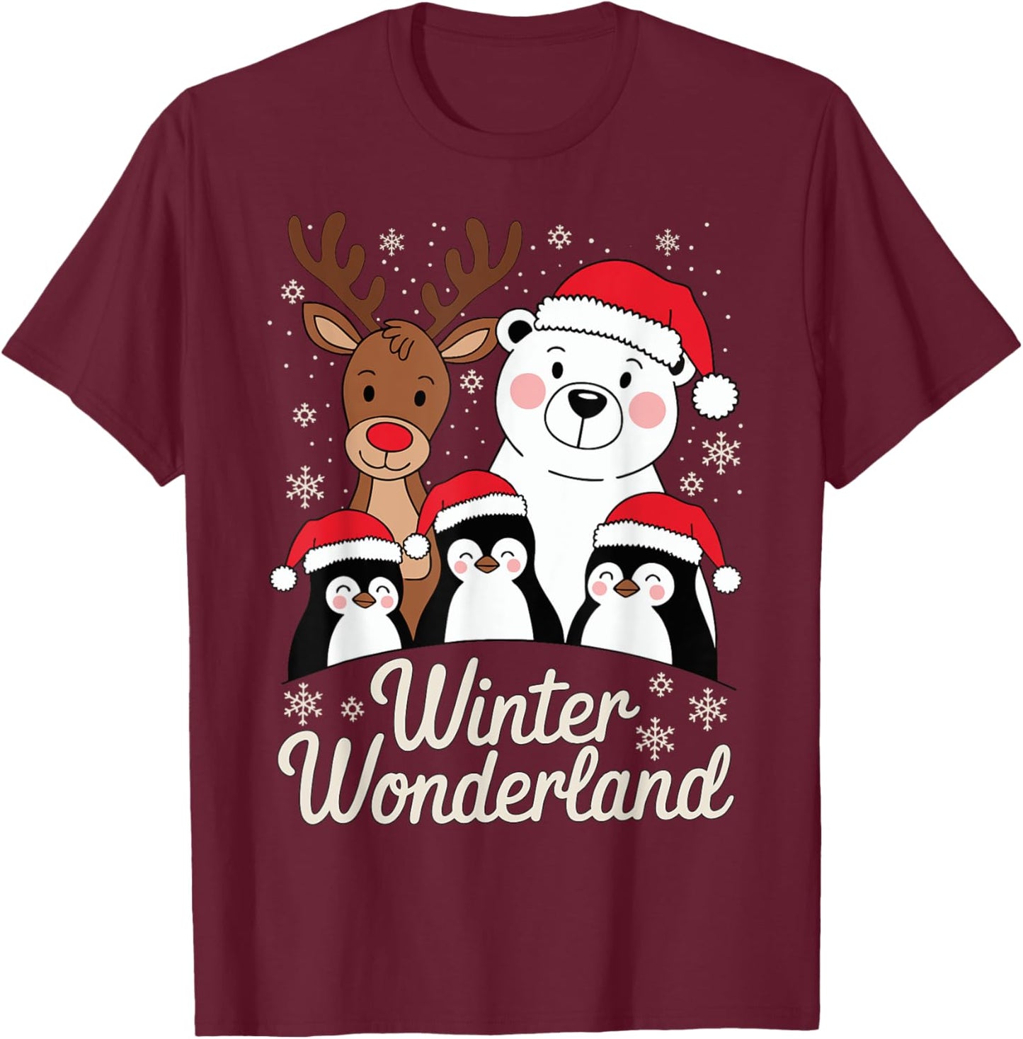 Winter Wonderland Reindeer Polar Bear Penguin Xmas Art T-Shirt - T-Shirt | Maroon