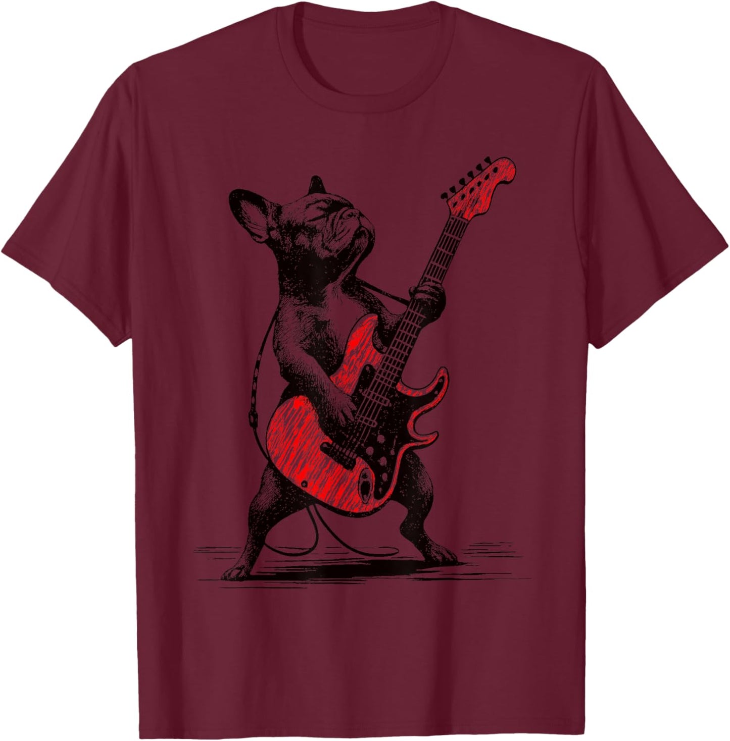 Vintage Rocker French Bulldog Guitar Funny Dog Rock Music T-Shirt - T-Shirt | Maroon