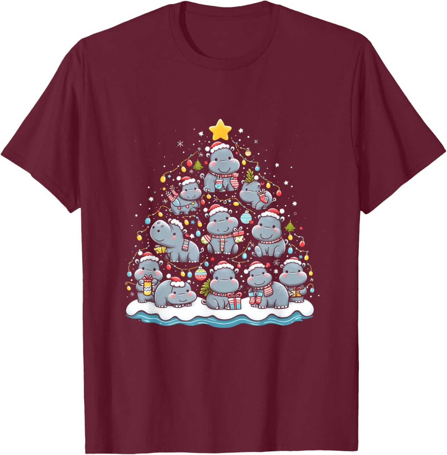 Hippopotamus Christmas Tree Funny Baby Pygmy Hippo Decor T-Shirt - T-Shirt | Maroon