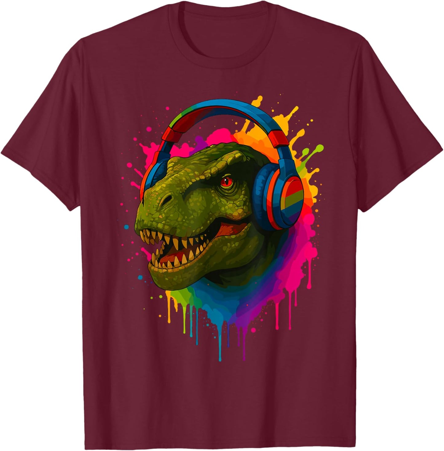 T-Rex with Music Headphones T-Shirt - T-Shirt | Maroon
