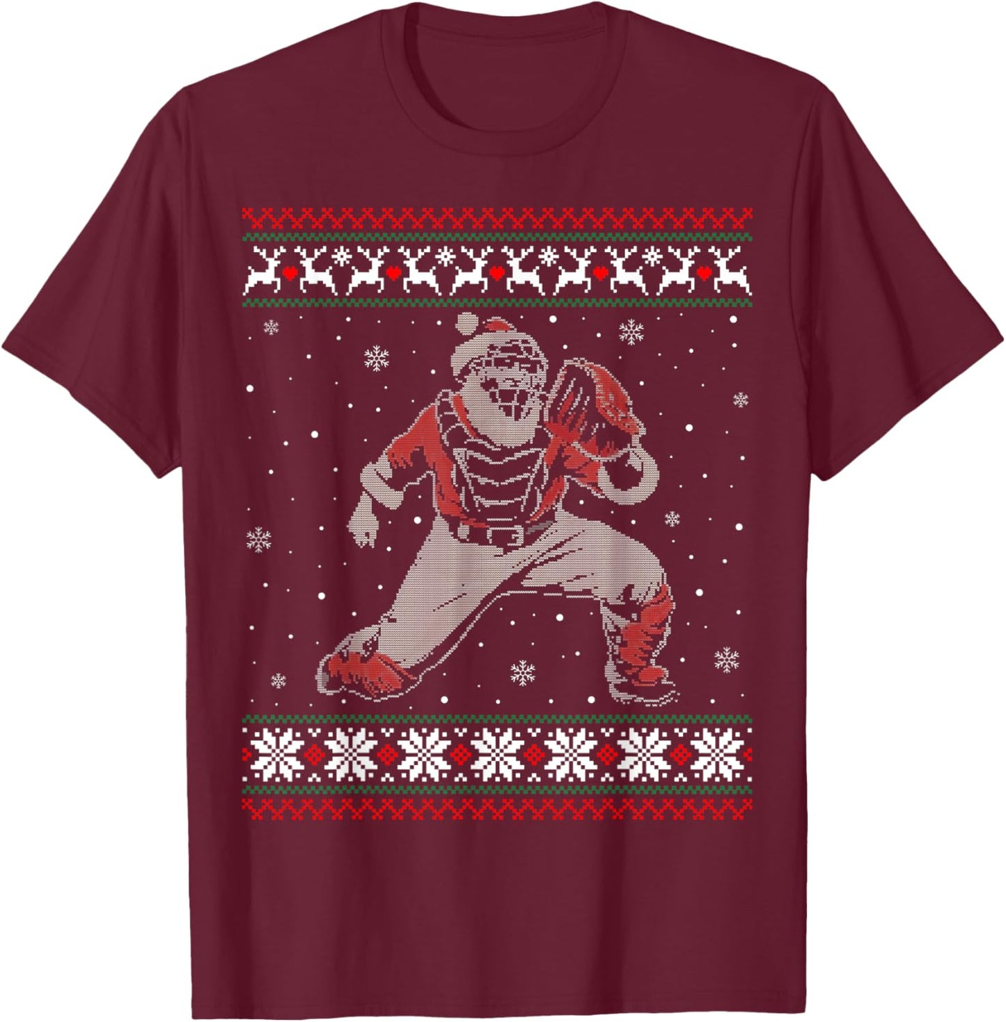 Baseball Catcher Christmas Ugly Sweater Baseball Player T-Shirt - T-Shirt | Maroon