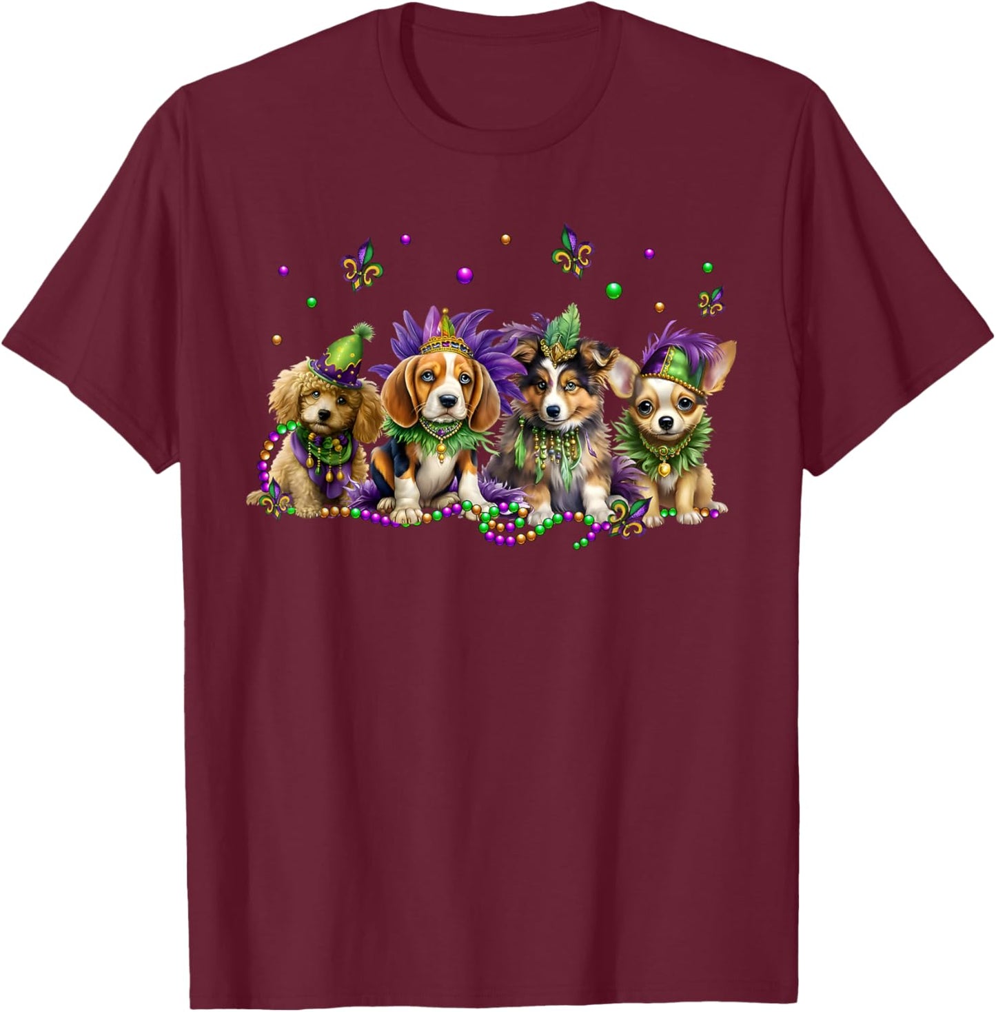 Mardi Gras Dogs Parade Carnival Mask New Orleans Beads T-Shirt - T-Shirt | Maroon