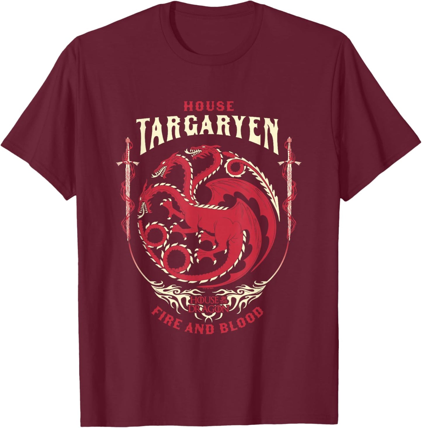 House of the Dragon House Of Targaryen Fire And Blood Badge T-Shirt - T-Shirt | Maroon