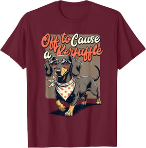 Funny Dachshund Off to Cause A Kerfuffle Retro Wiener Dog T-Shirt - T-Shirt | Maroon