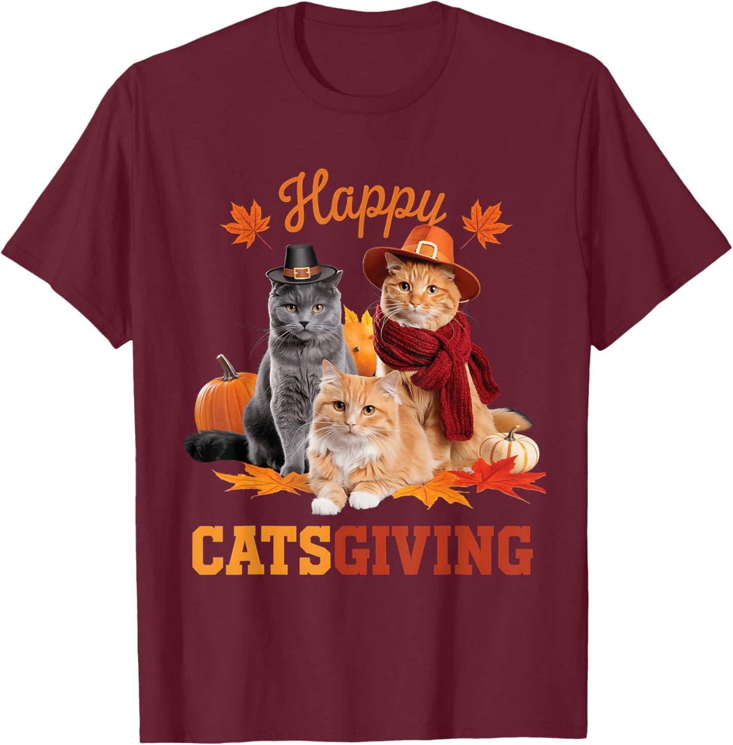 Happy Catsgiving Cute Thanksgiving Cat Wears Pilgrim Hat Women Girls Kids T-Shirt - T-Shirt | Maroon