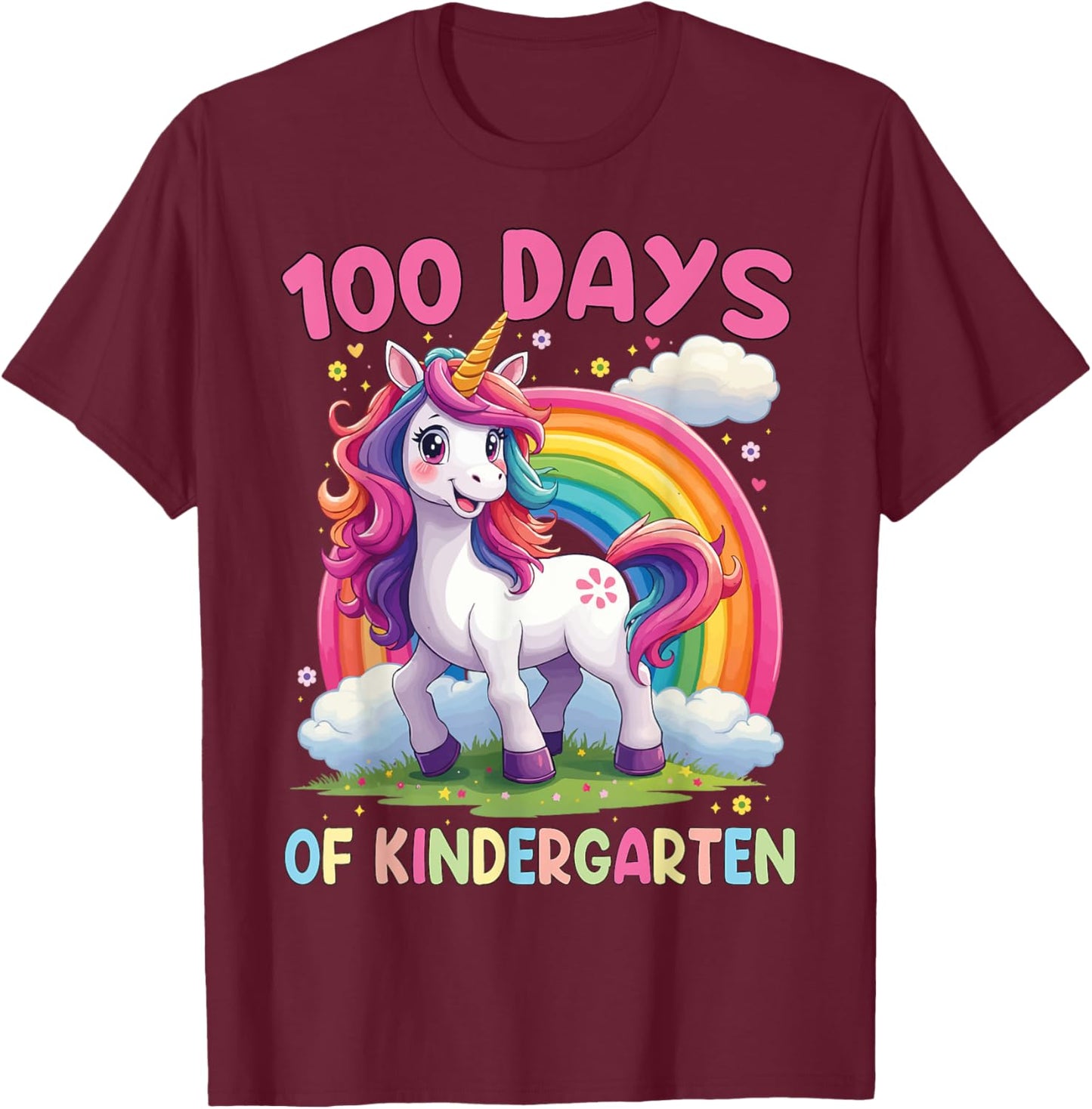 I Survived 100 Days Of Kindergarten 100th Day Unicorn Girls T-Shirt - T-Shirt | Maroon