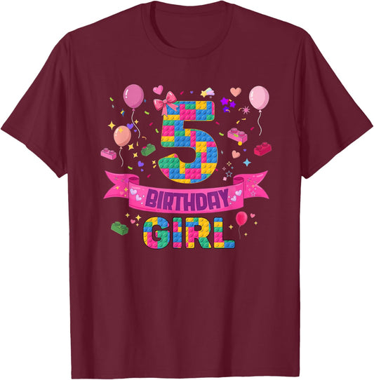 6th Birthday Girl 5 Year Old Kids Building Blocks Party T-Shirt - T-Shirt | Maroon